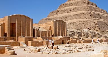 Front view of the Step Pyramid of Djoser at Saqqara with surrounding desert landscape